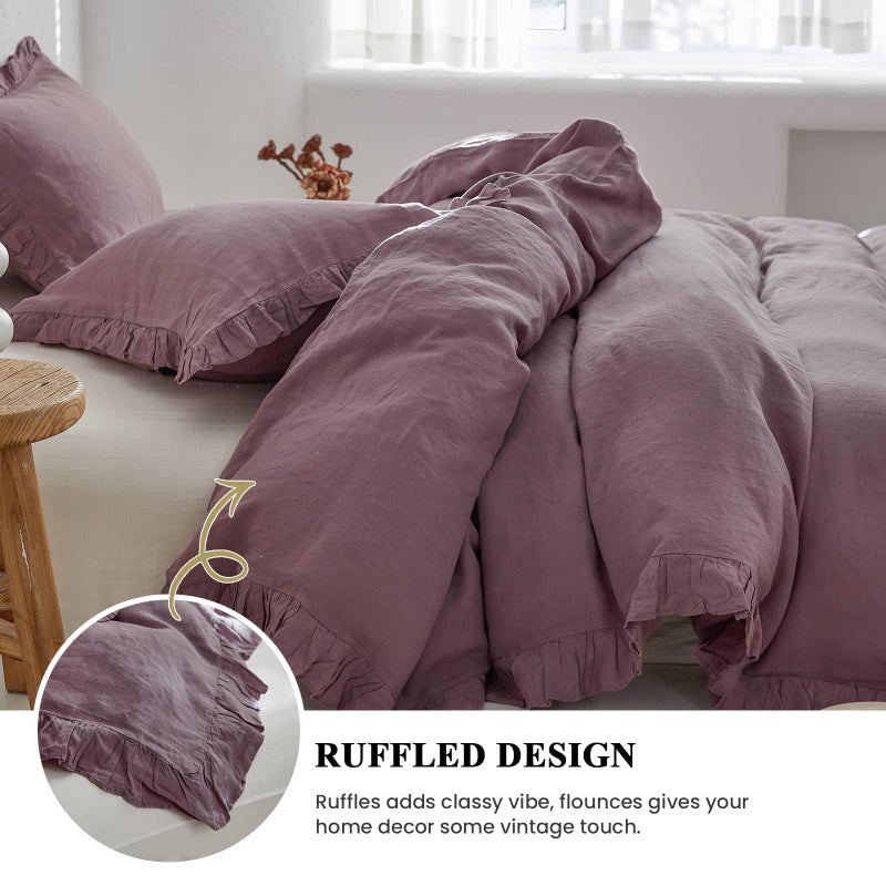 Simple&Opulence 100% Linen Duvet Cover Set, 3 PCS Natural French Flax Purple Ruffle Duvet Cover King Size, Breathable Comfy Linen Bedding Comforter Cover with 2 Pillowcases (Purple, 104" X 92") - Image 3
